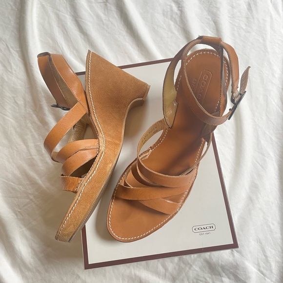 Coach Brown Leather Women's Wedge Sandals - Picture 1 of 9